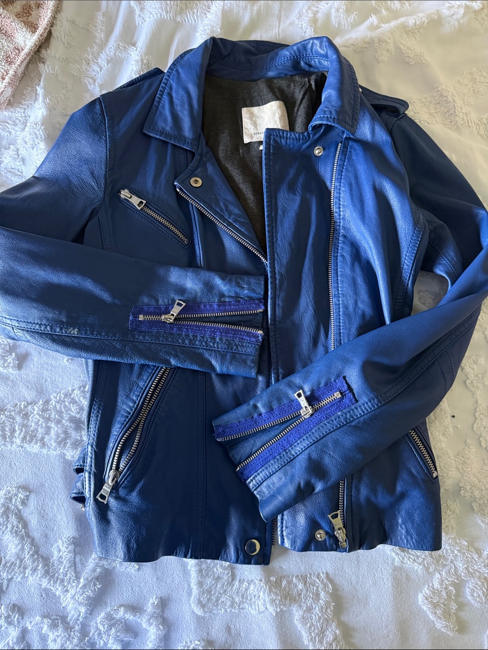 Rebecca Taylor Blue Leather Moto Jacket with Zipper Accents